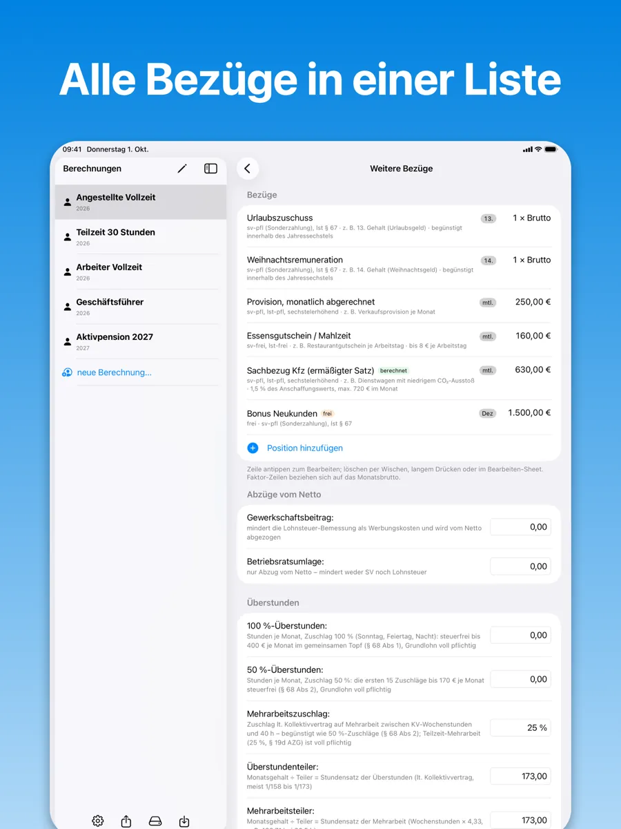 BruttoNetto am iPad: Liste der weiteren Bezüge mit Sonderzahlungen, Provision, Essensgutschein, Kfz-Sachbezug und einer freien Lohnart.