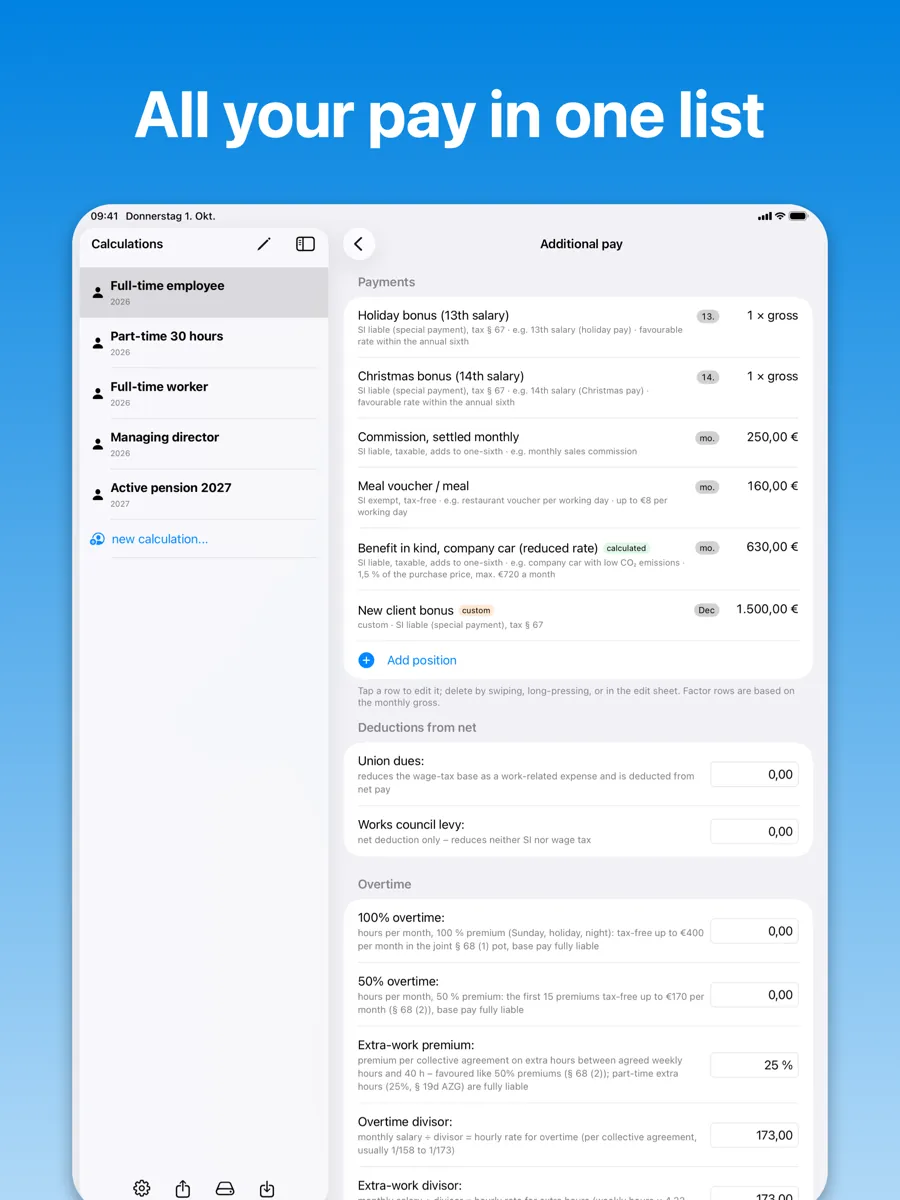 BruttoNetto on the iPad: list of additional pay with special payments, commission, meal voucher, company-car benefit in kind and a custom wage type.