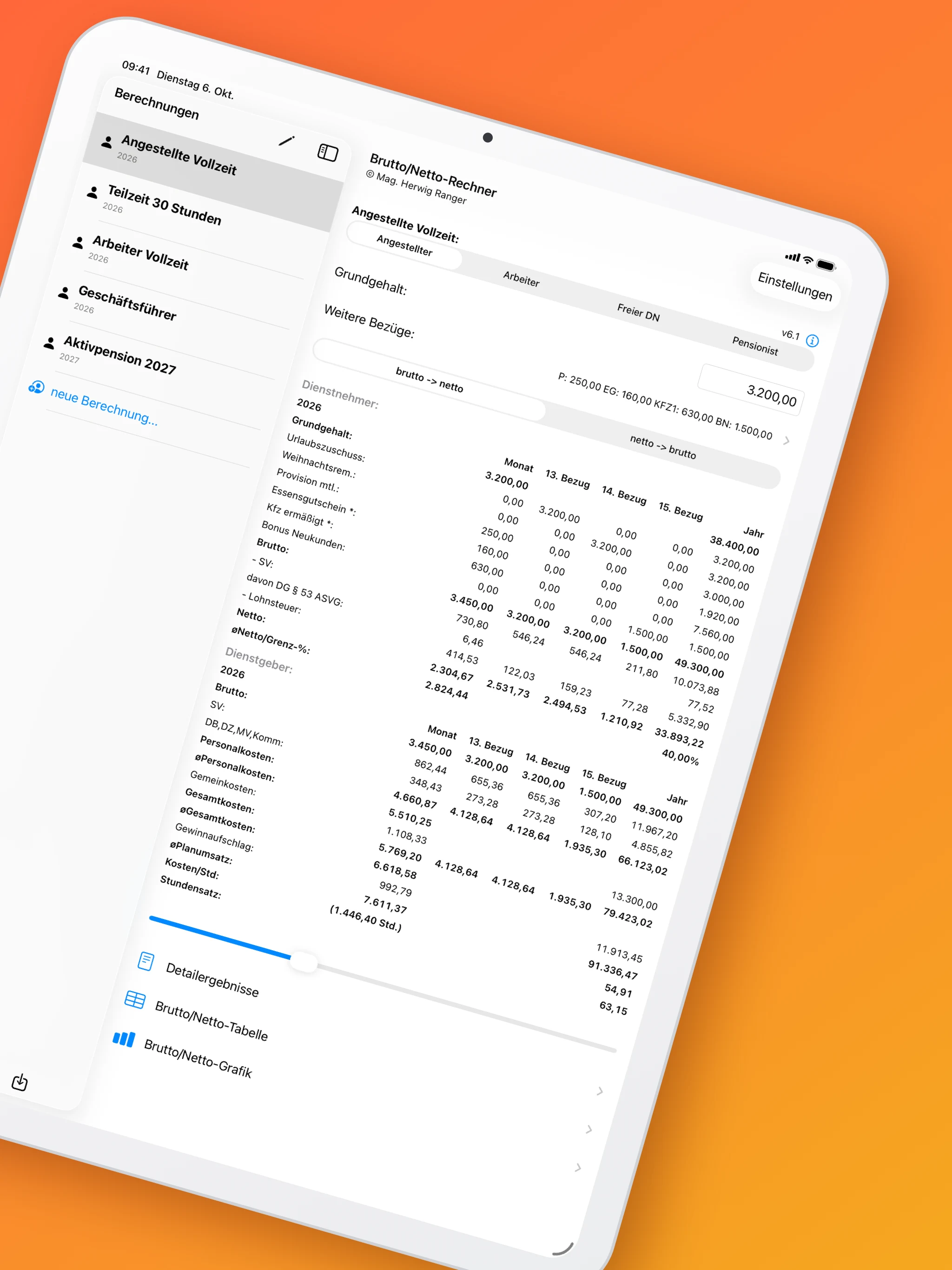 BruttoNetto am iPad: Berechnungsliste und Brutto/Netto-Rechner mit den Ergebnissen für Monat, Sonderzahlungen und Jahr.