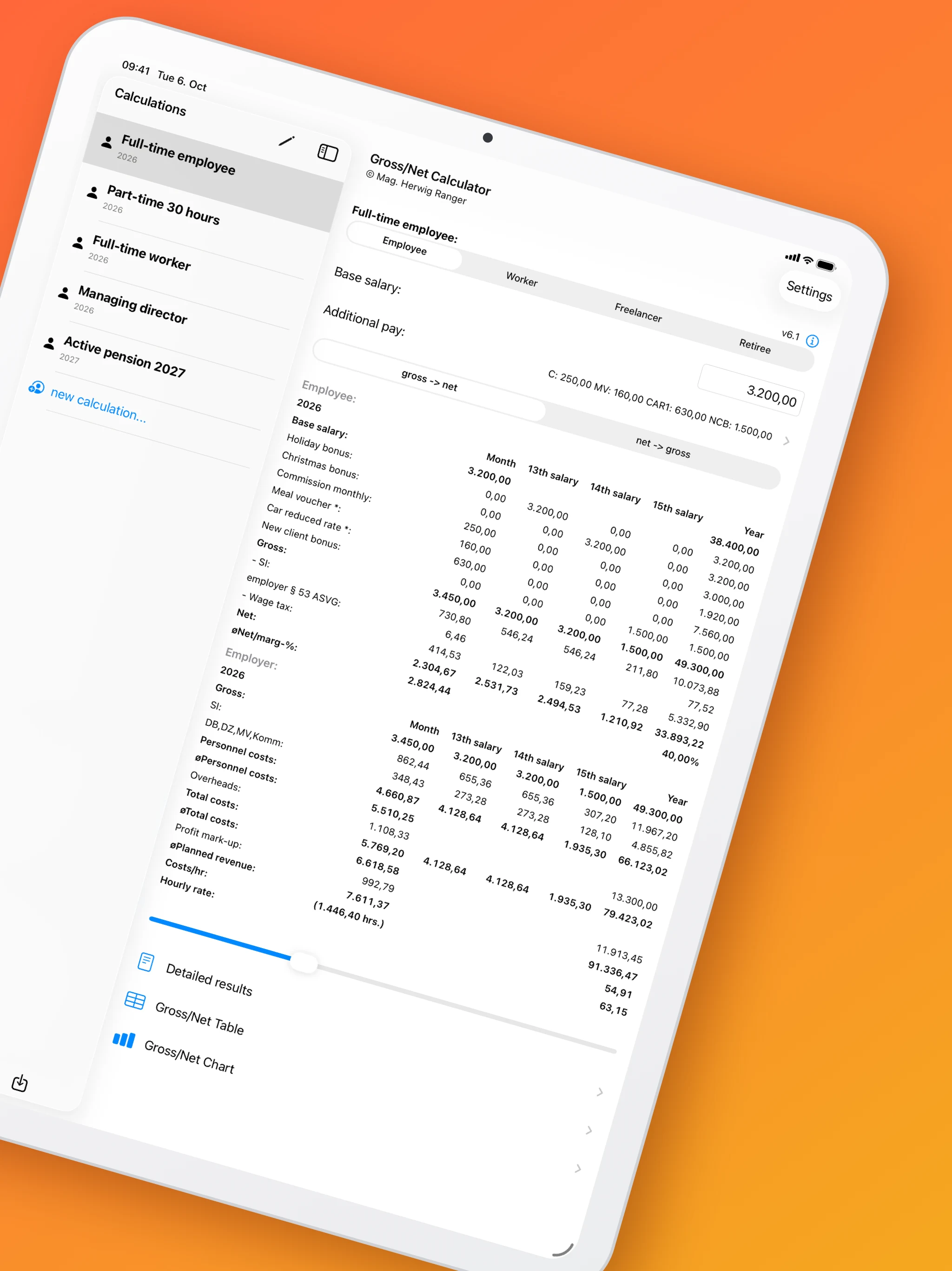 BruttoNetto on the iPad: calculation list and the gross/net calculator with results for month, special payments and year.