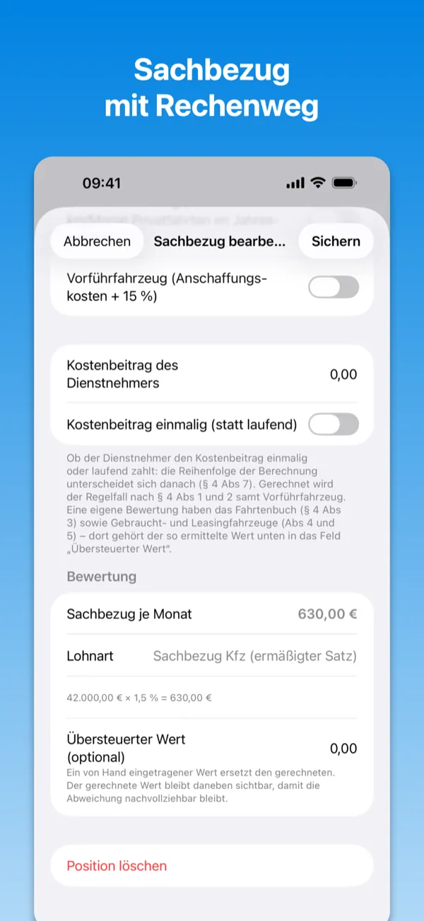 BruttoNetto am iPhone: Sachbezugsrechner für den Dienstwagen mit Bewertung und sichtbarem Rechenweg.