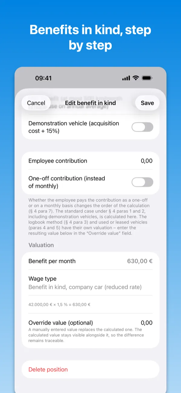 BruttoNetto on the iPhone: benefit-in-kind calculator for a company car, with the valuation and the calculation shown step by step.