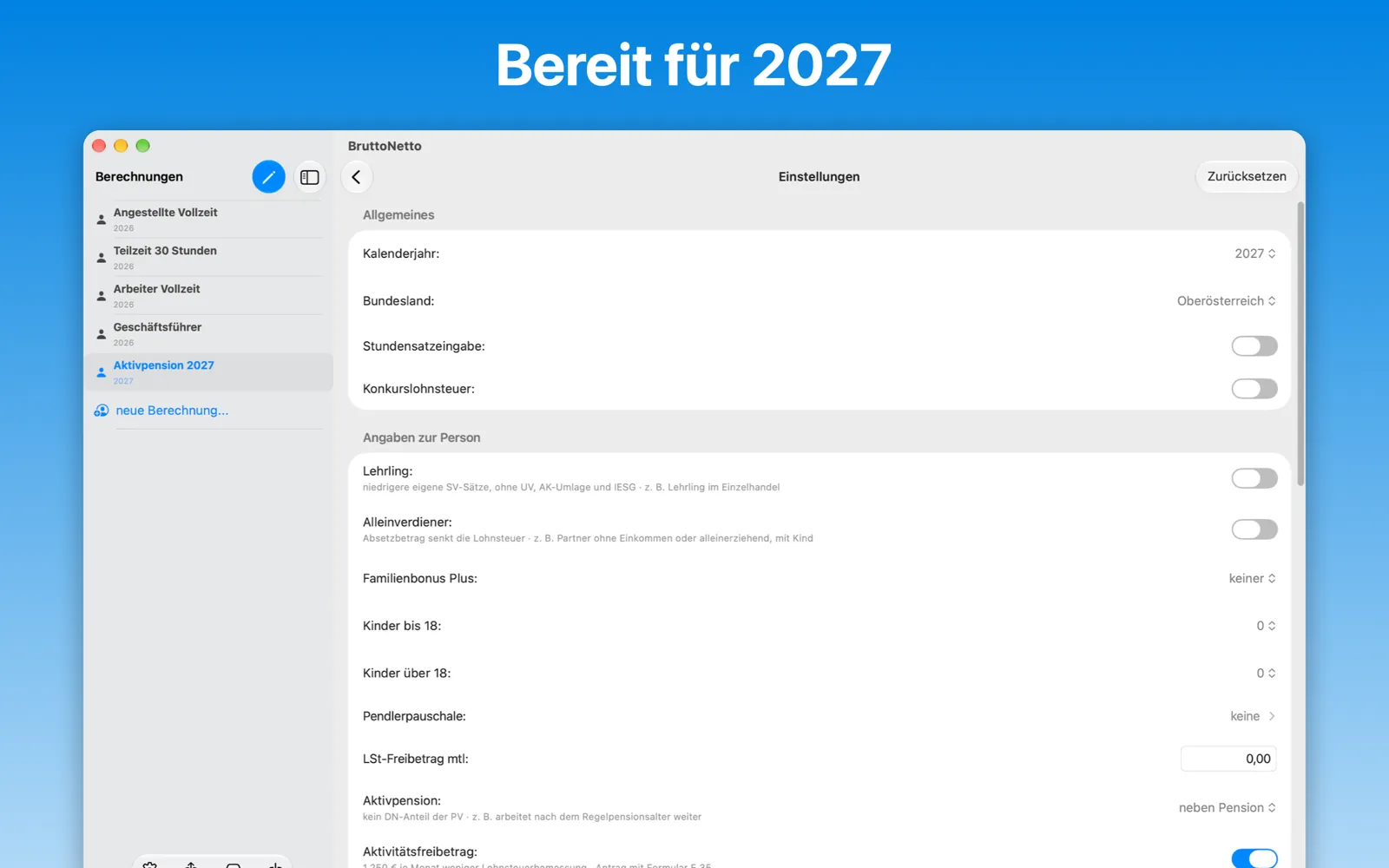 BruttoNetto am Mac: Einstellungen für das Kalenderjahr 2027 mit Bundesland, Lehrling, Familienbonus Plus, Aktivpension und Aktivitätsfreibetrag.