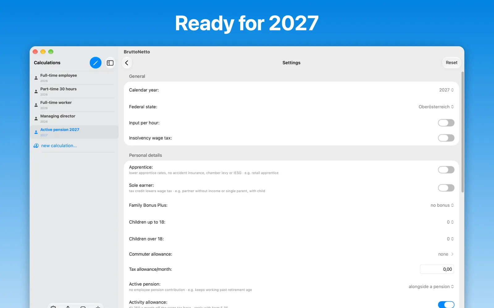 BruttoNetto on the Mac: settings for calendar year 2027 with federal state, apprentice, Family Bonus Plus, active pension and activity allowance.